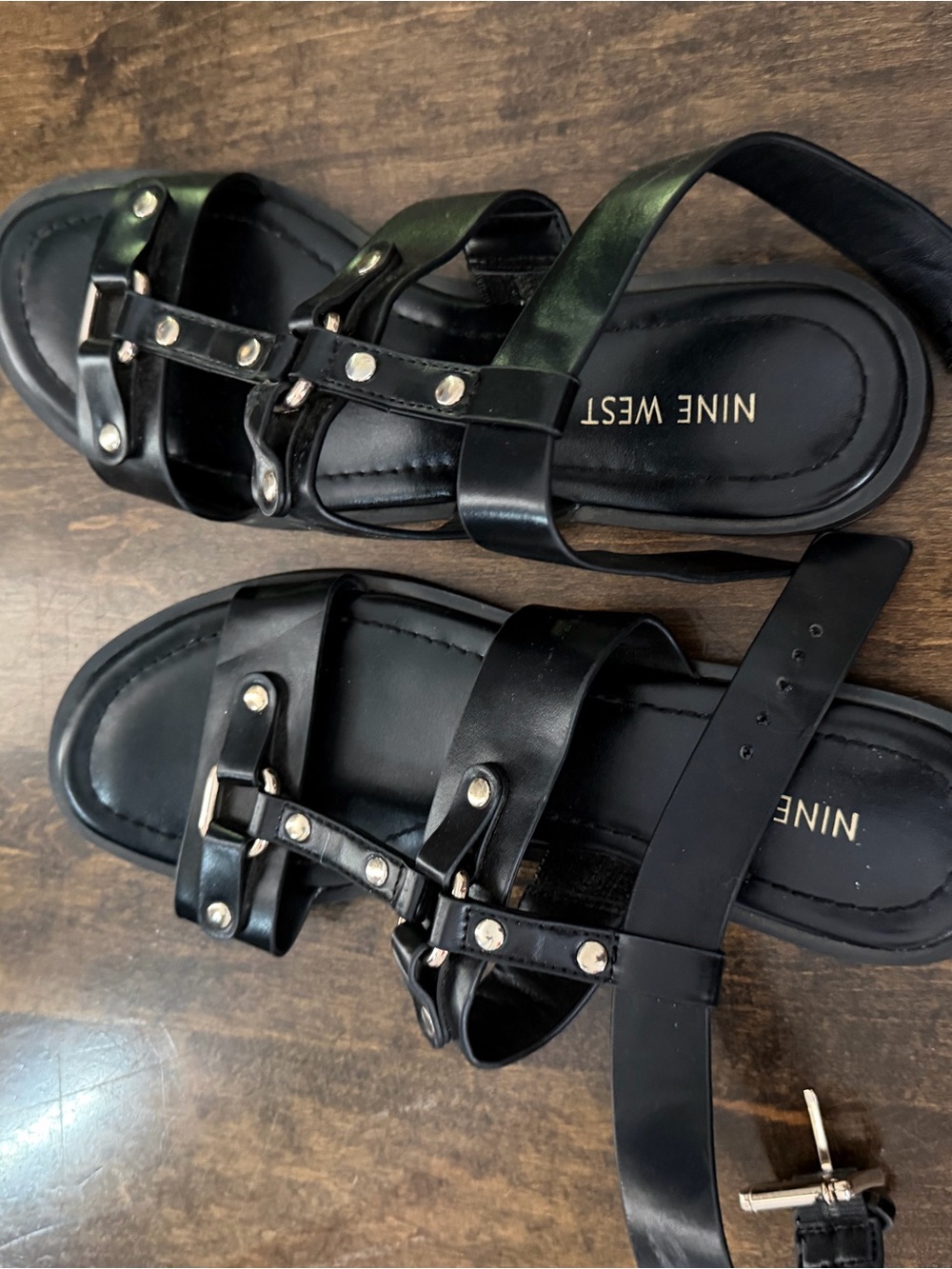 Nine West Black Leather Buckle & Stud Slide Sandals